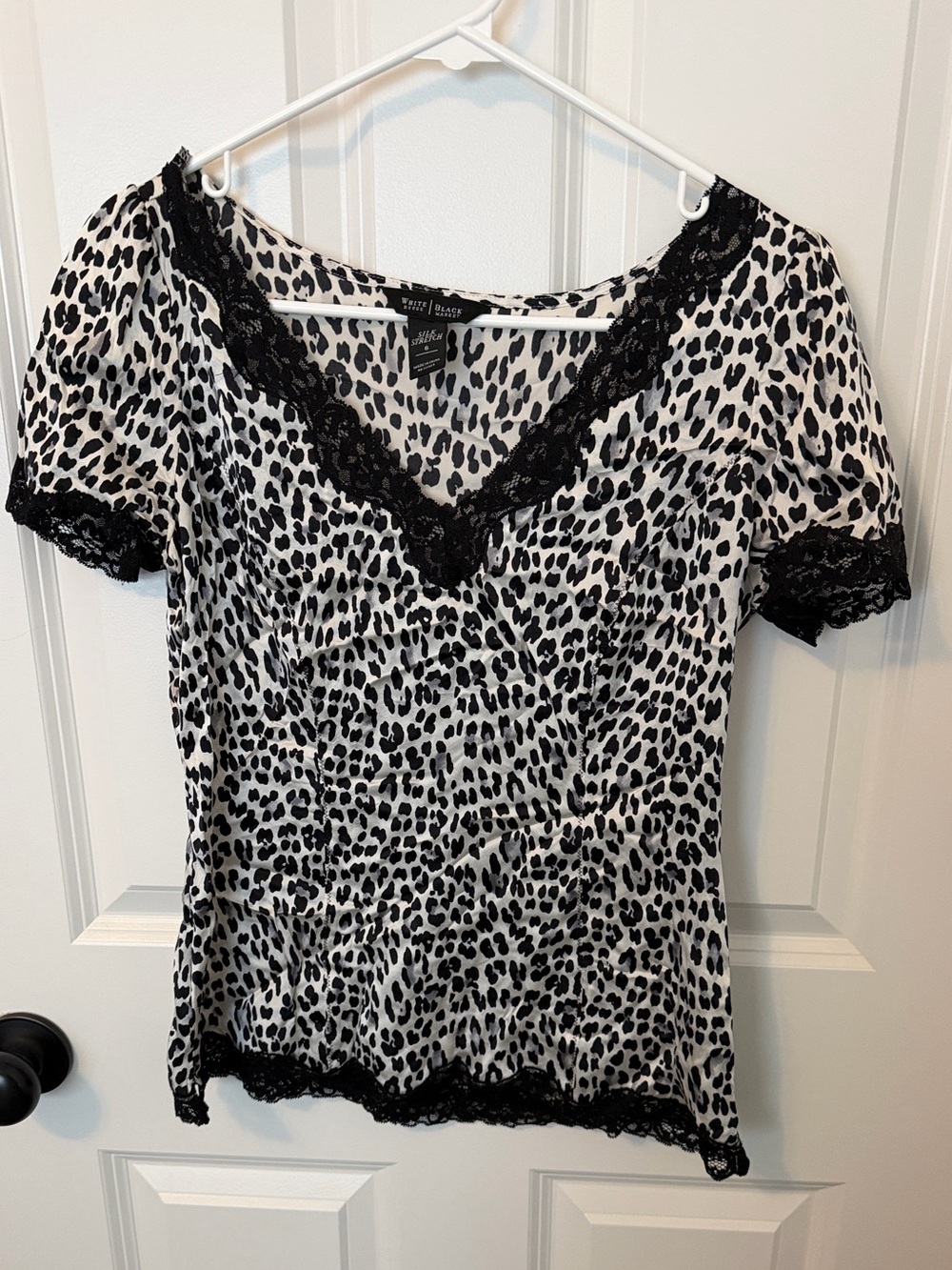White House Black Market Black and White Leopard Lace-Trim V-Neck Top
